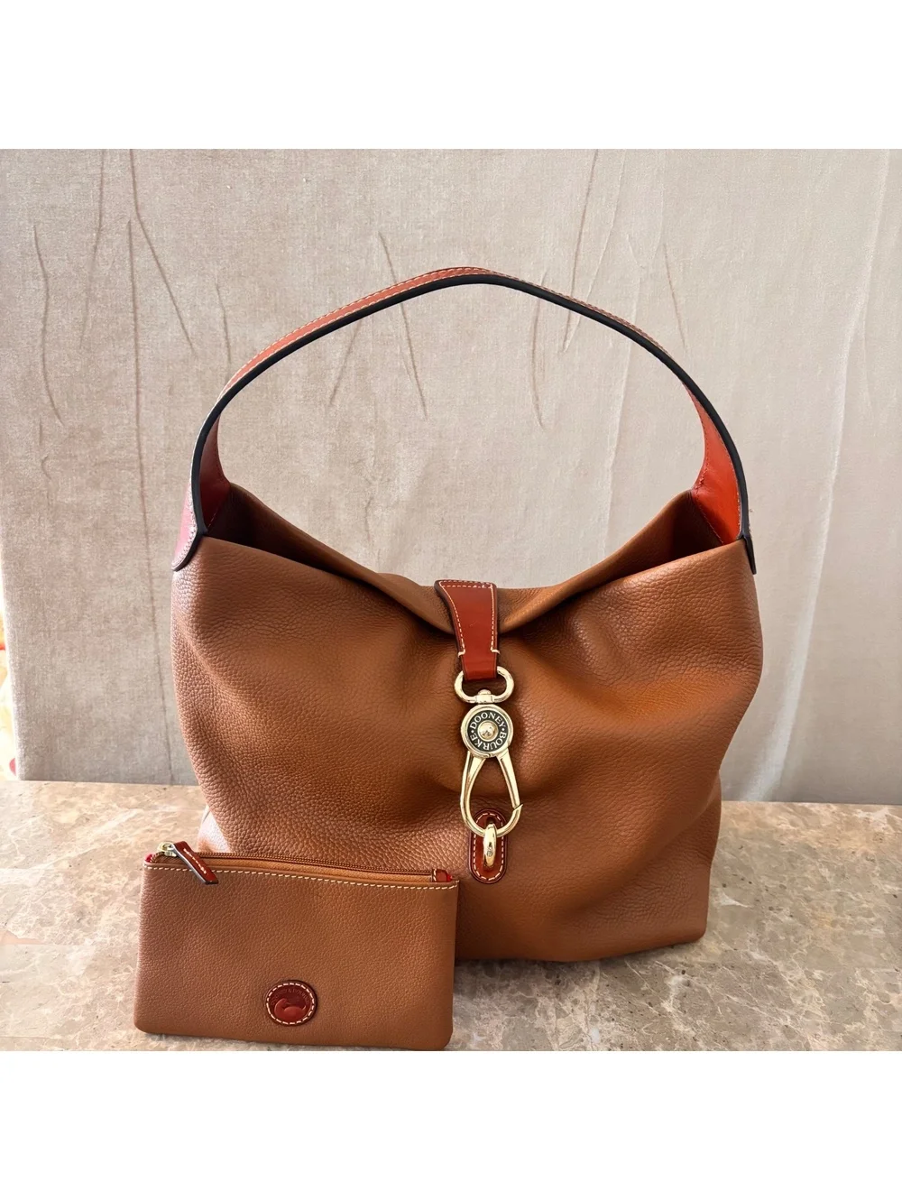 Dooney & Bourke Pebbled Leather Hobo Shoulder Bag with Matching Wristlet - Cognc